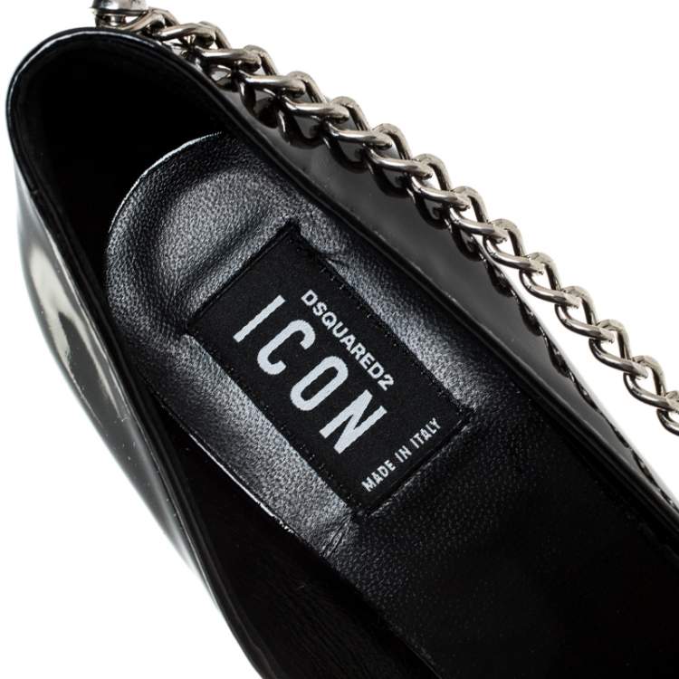 مملوكة مسبقًا Dsquared2 Black Patent Leather Chain Detail Peep Toe Platform Pumps Size 38