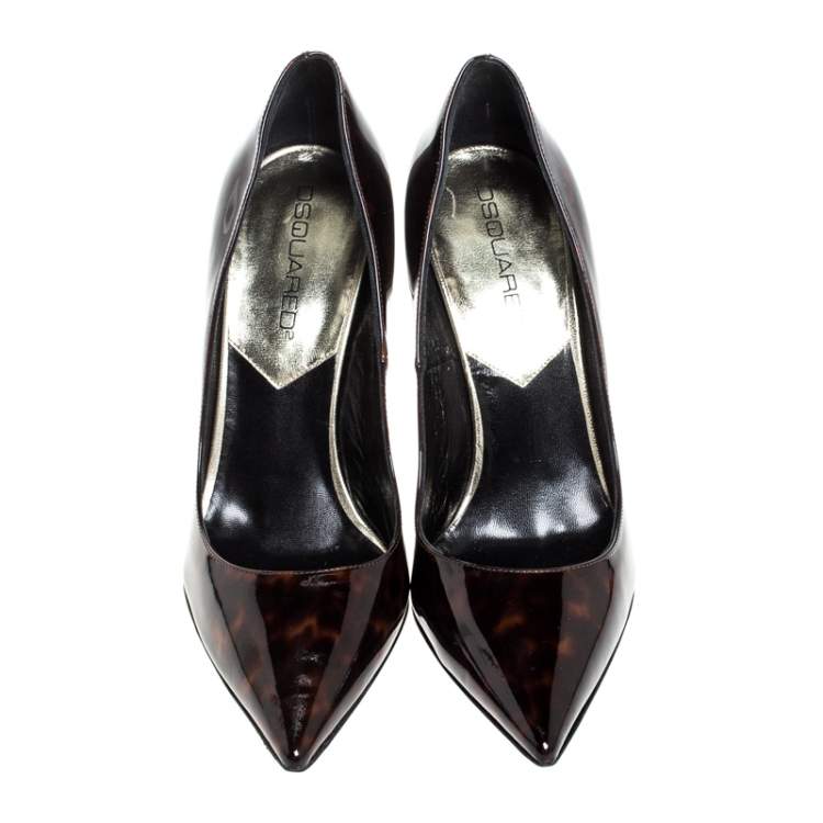 Pre Owned Dsquared2 Brown Tortoise Patent Leather Pointed Toe Pumps Size 38