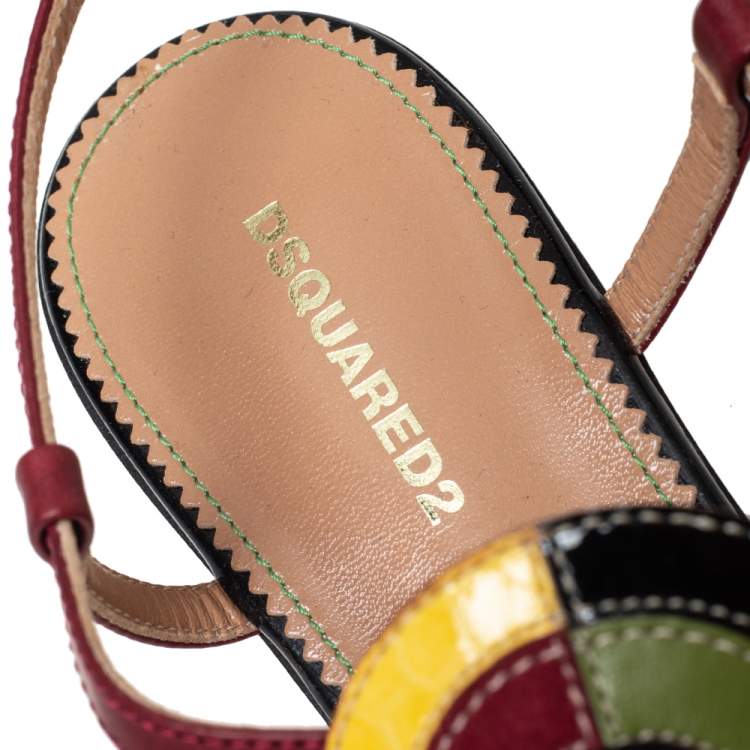 Pre Owned Dsquared2 Multicolor Leather And Patent Ankle Strap Flats Sandals Size 38