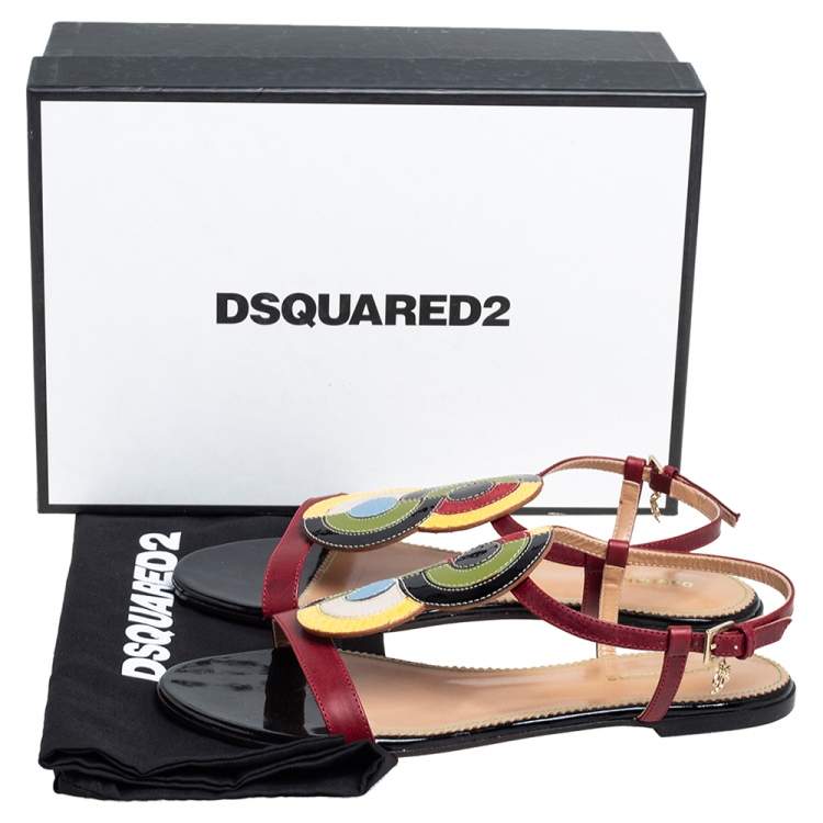 Pre Owned Dsquared2 Multicolor Leather And Patent Ankle Strap Flats Sandals Size 38
