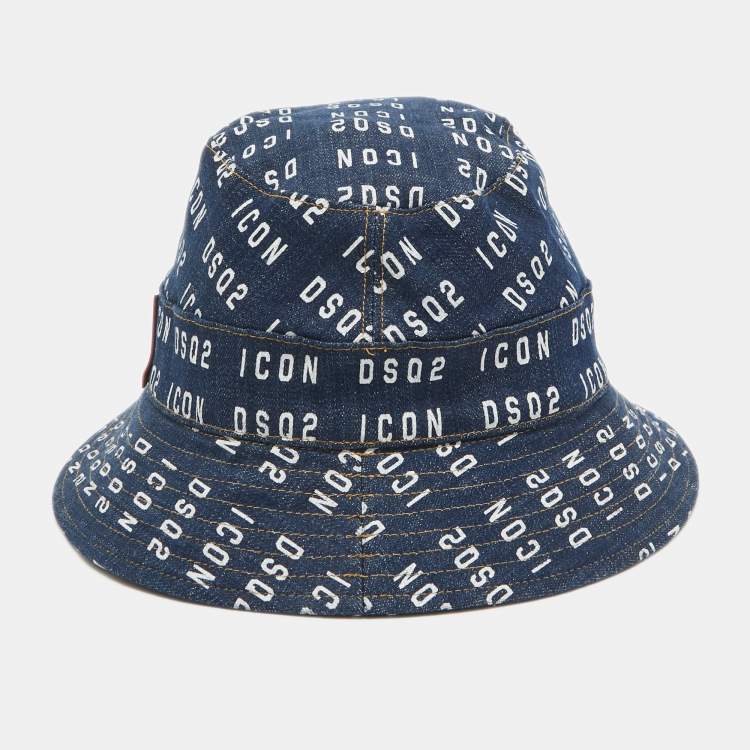 Pre Owned Dsquared2 Blue Logo Print Denim Bucket Hat