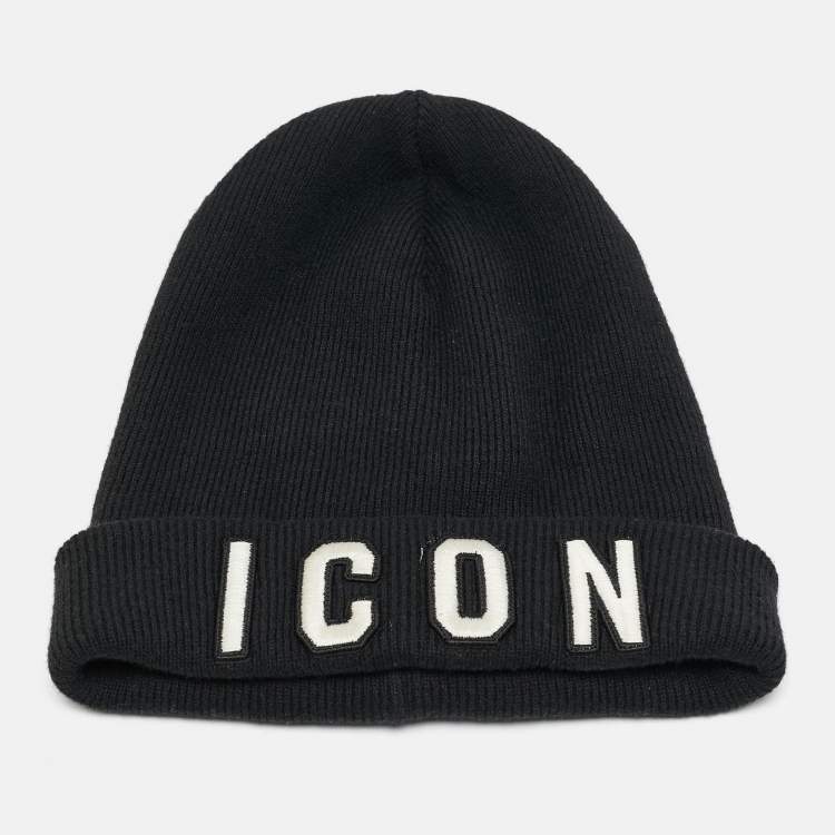 Pre Owned Dsquared2 Black Icon Embroidered Wool Rib Knit Beanie