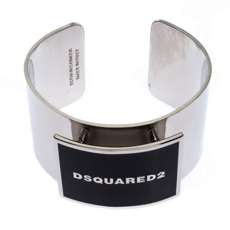 Pre Owned Dsquared2 Black Enamel Silver Tone Wide Open Cuff Bracelet