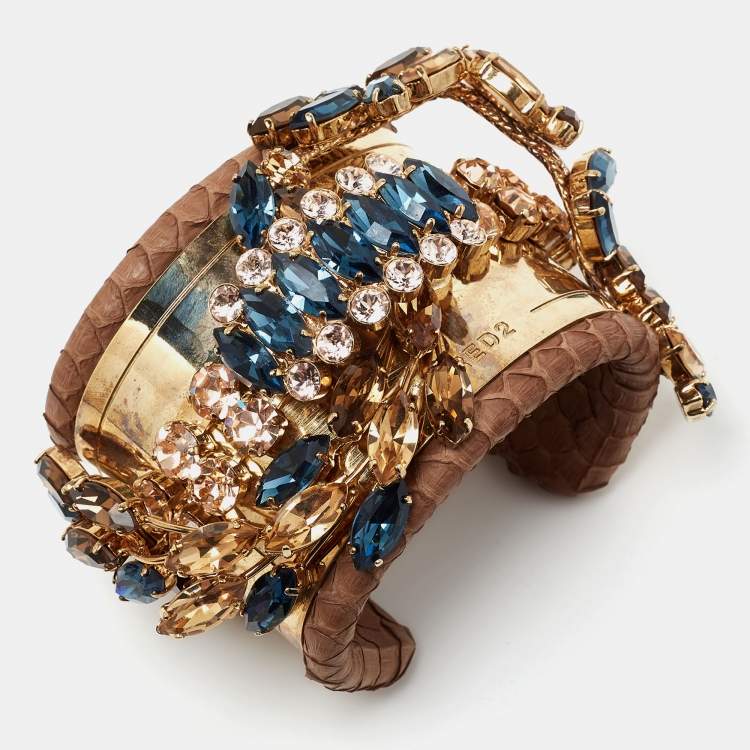 Pre Owned Dsqaured2 Brown Snakeskin Leather Gold Tone Crystal Embellished Cuff Bracelet