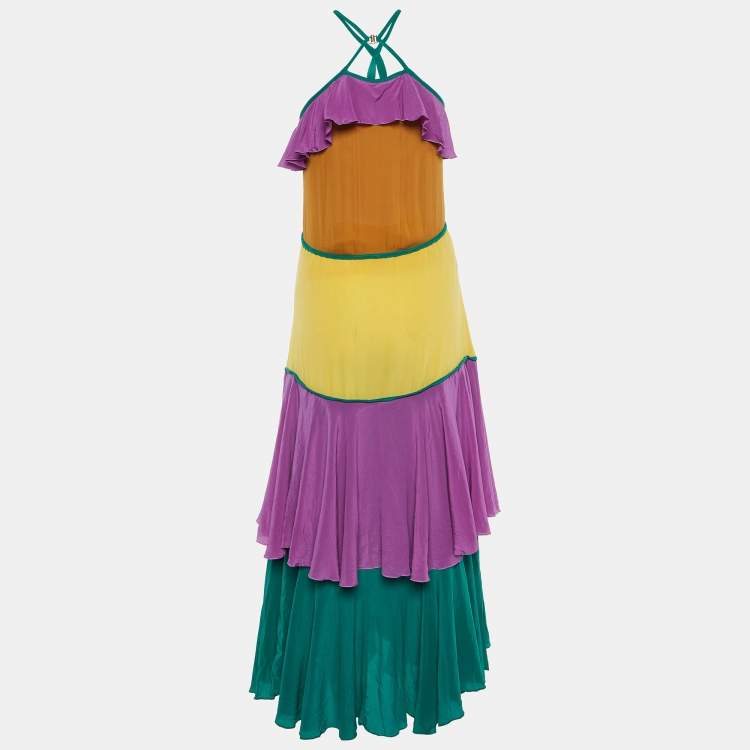 Pre Owned Dsquared2 Purple Colorblock Silk Ruffled Sleeveless Long Dress S