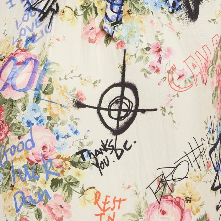 Pre Owned Dsquared2 Off-White Graffiti and Floral Print Tie-Up Detail Top M
