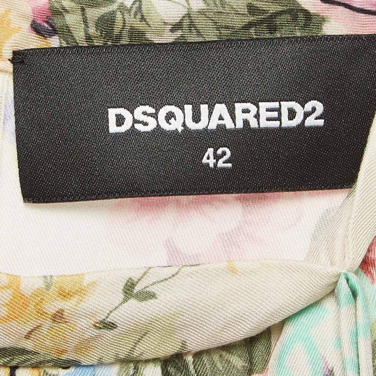 Pre Owned Dsquared2 Off-White Graffiti and Floral Print Tie-Up Detail Top M