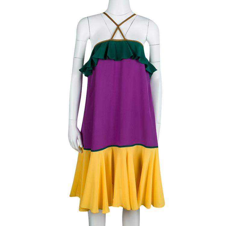 Pre Owned Dsquared2 Colorblock Ruffle Detail Sleeveless Silk Dress M