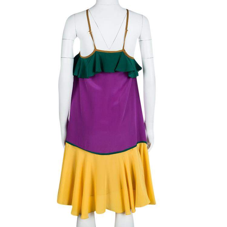 Pre Owned Dsquared2 Colorblock Ruffle Detail Sleeveless Silk Dress M