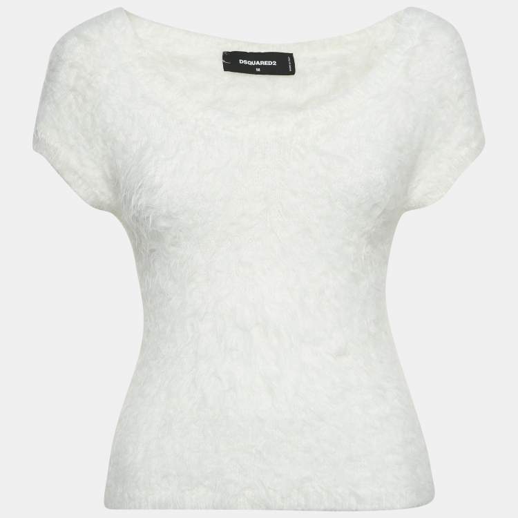 Pre Owned Dsquared2 White Textured Knit Crewneck Top M