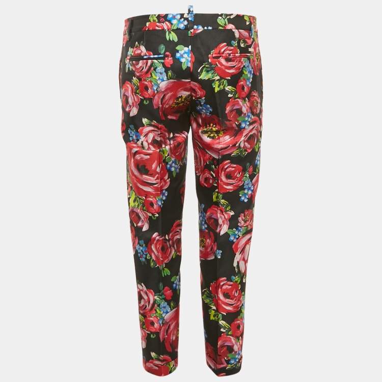 Pre Owned Dsquared2 Black Floral Print Silk Gabardine Pants S
