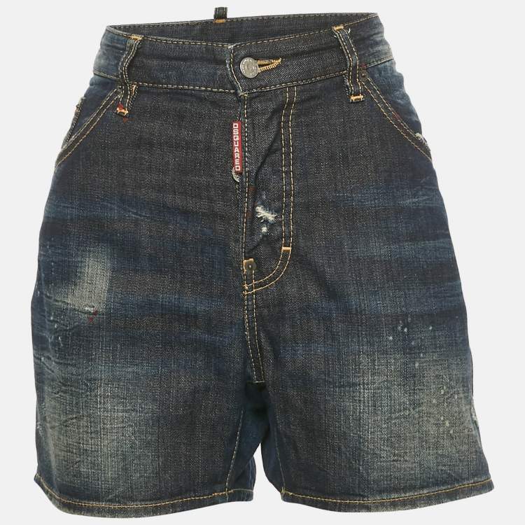 Pre Owned Dsquared2 Blue Distressed Denim Shorts L Waist 35"