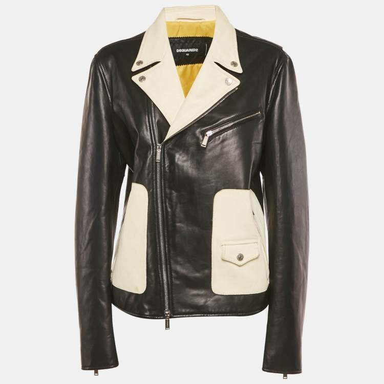Pre Owned Dsquared2 Black/White Leather Biker Jacket XL