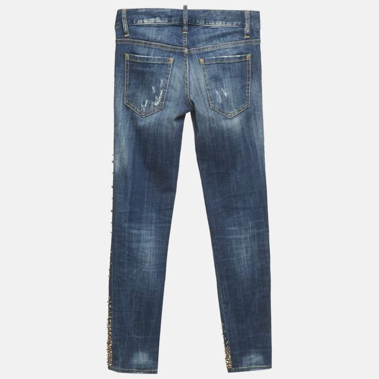 Pre Owned Dsquared2 Blue Embellished Denim Skinny Cropped Jeans S Waist 28"
