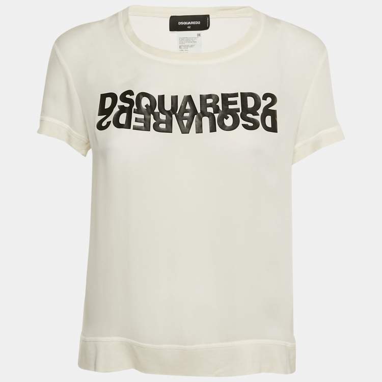 Pre Owned Dsquared2 White Logo Print Silk T-Shirt M