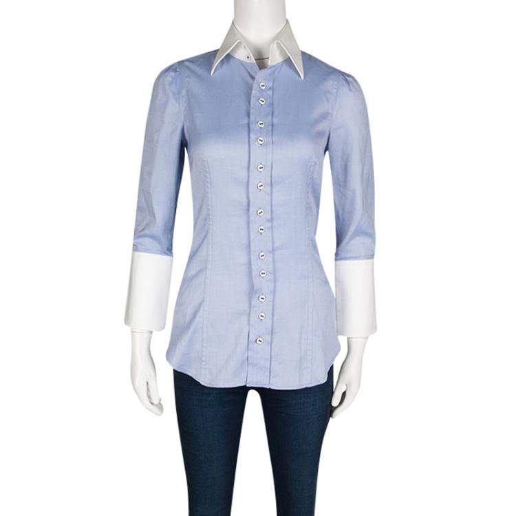 Pre Owned Dsquared2 Blue Cotton Contrast Collar and Cuff Detail Long Sleeve Shirt S