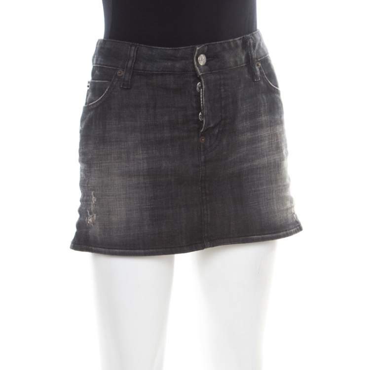 Pre Owned Dsquared2 Black Faded Effect Denim Distressed Mini Skirt M