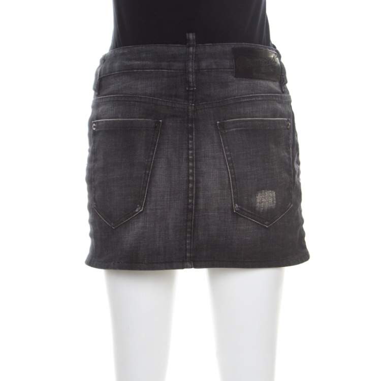 Pre Owned Dsquared2 Black Faded Effect Denim Distressed Mini Skirt M