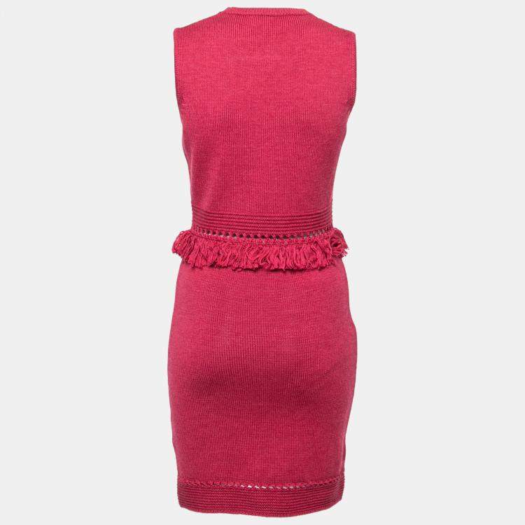 Pre Owned Dsquared2 Wine Red Ribbed Knit Sleeveless Fringed Sheath Dress M