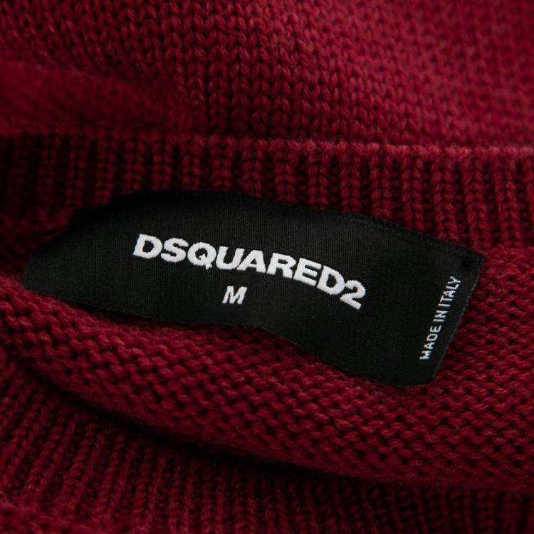 Pre Owned Dsquared2 Wine Red Ribbed Knit Sleeveless Fringed Sheath Dress M