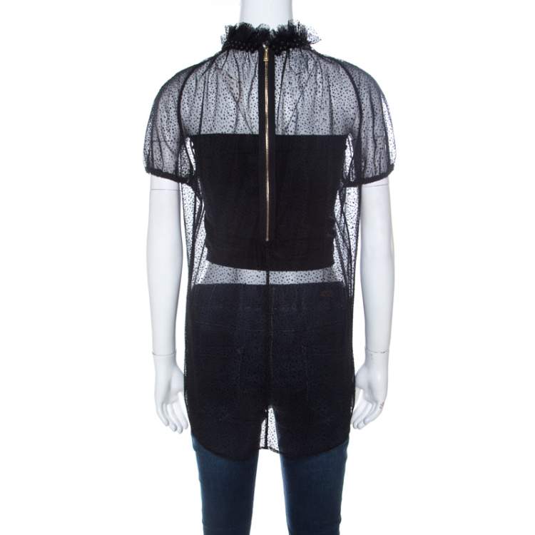 Pre Owned Dsquared2 Black Swiss Dot Tulle Beaded Ruffle Neck Top M