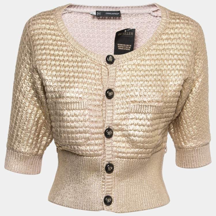 Pre Owned Dsquared2 Gold Wool Knit Leather trimmed Cropped Cardigan M