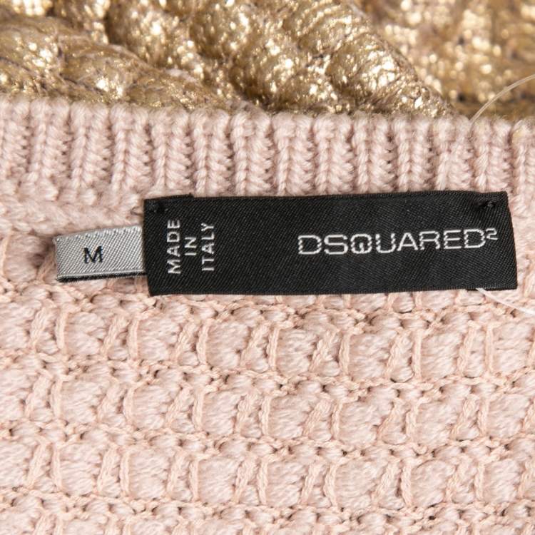 Pre Owned Dsquared2 Gold Wool Knit Leather trimmed Cropped Cardigan M