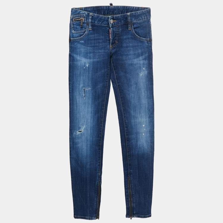 Pre Owned Dsquared2 Blue Distressed Denim Skinny Jeans S Waist 28"