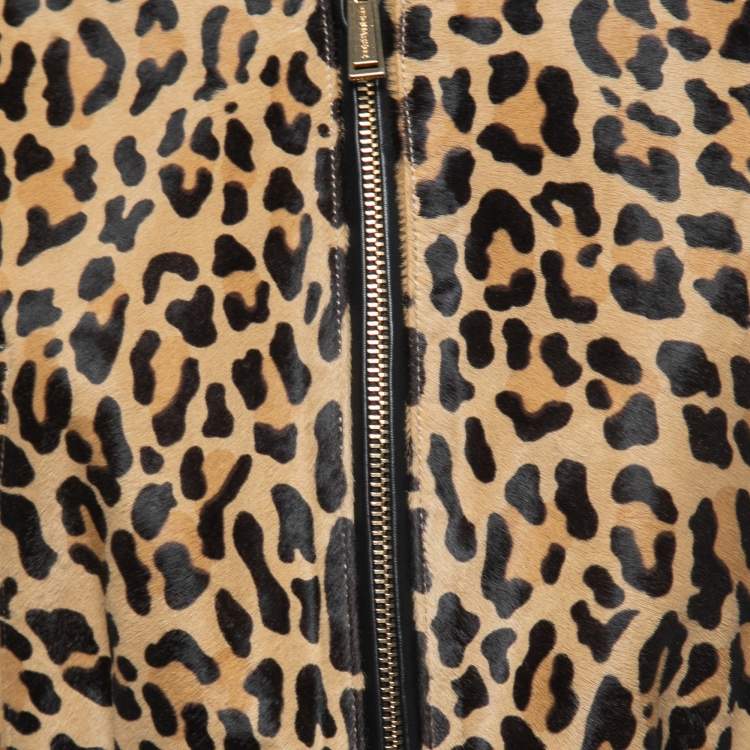 Pre Owned Dsquared2 Beige/Black Leopard Print Calf Hair Zip Front Bomber Jacket S