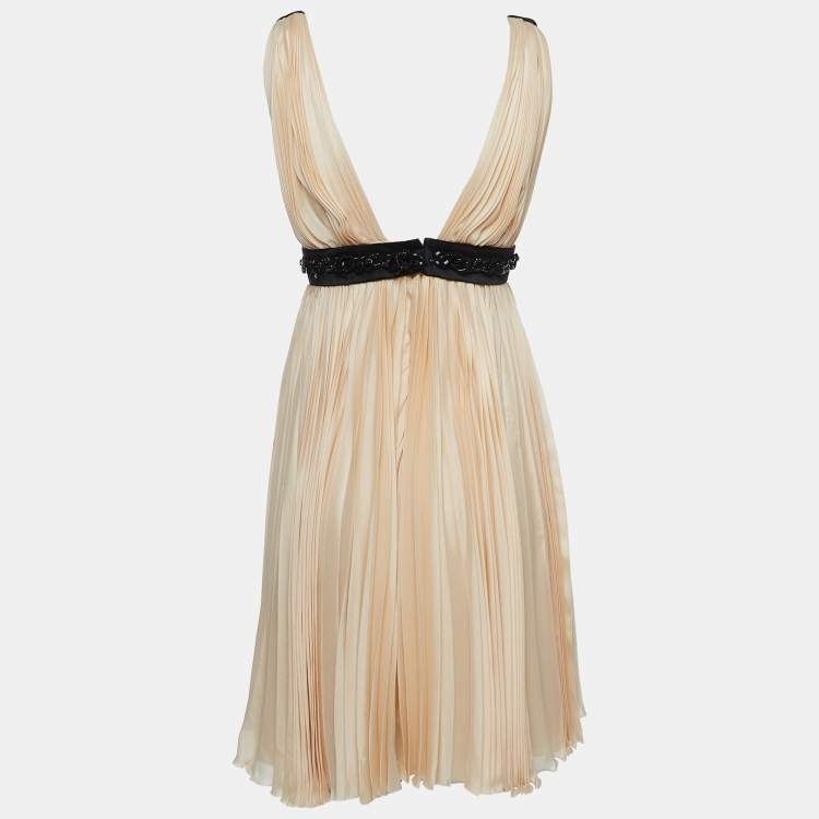 Pre Owned Dsquared2 Cream Silk Embellished Deep V-Neck Mini Dress S