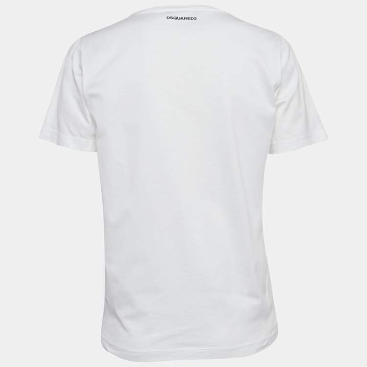 Pre Owned Dsquared2 White Digital Print Cotton Half Sleeve T-Shirt L