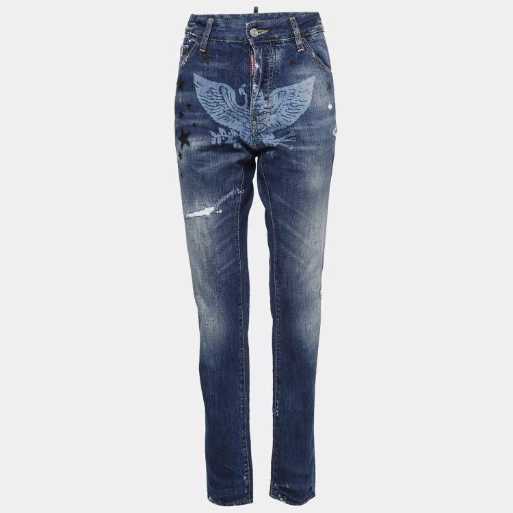 Pre Owned Dsquared2 Navy Blue Printed Distressed Denim Jeans L Waist 36"