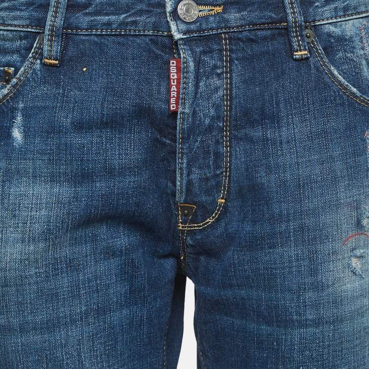 Pre Owned Dsquared2 Navy Blue Paint Splashed Distressed Denim Buttoned Jean L Waist 34"