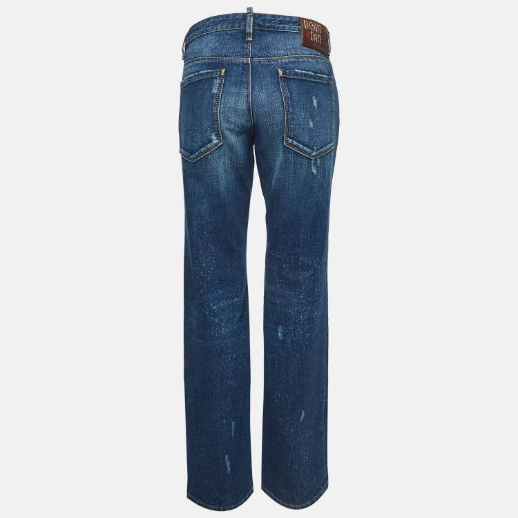 Pre Owned Dsquared2 Navy Blue Paint Splashed Distressed Denim Buttoned Jean L Waist 34"