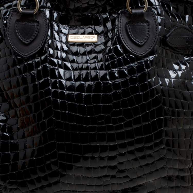 Pre Owned Dsquared2 Black Croc Embossed Patent Leather Tote