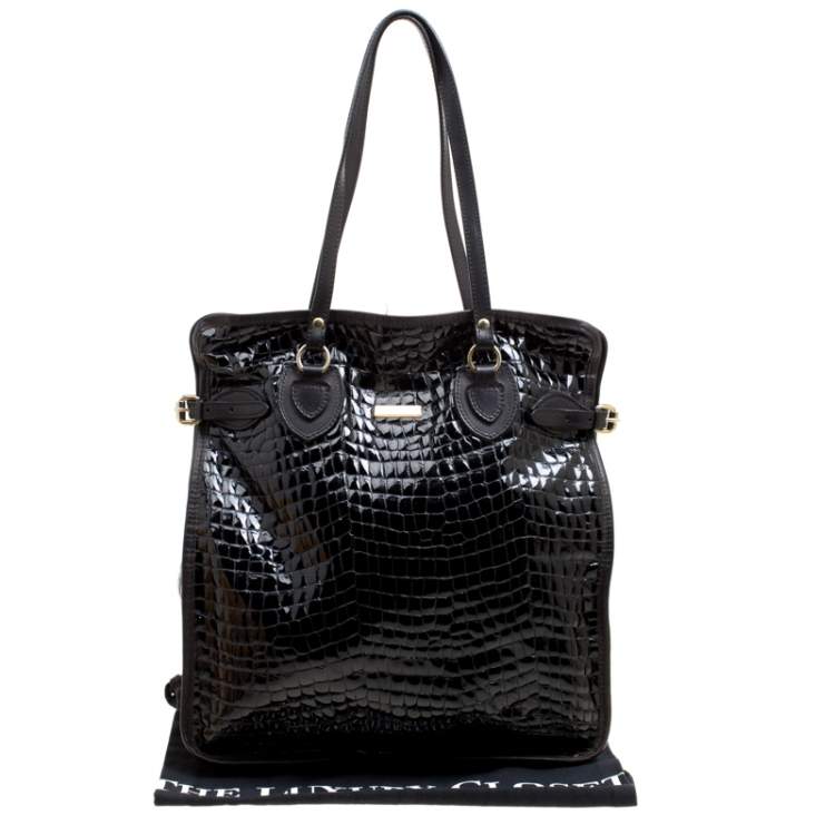 Pre Owned Dsquared2 Black Croc Embossed Patent Leather Tote