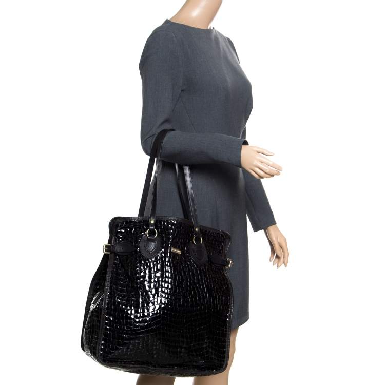 Pre Owned Dsquared2 Black Croc Embossed Patent Leather Tote