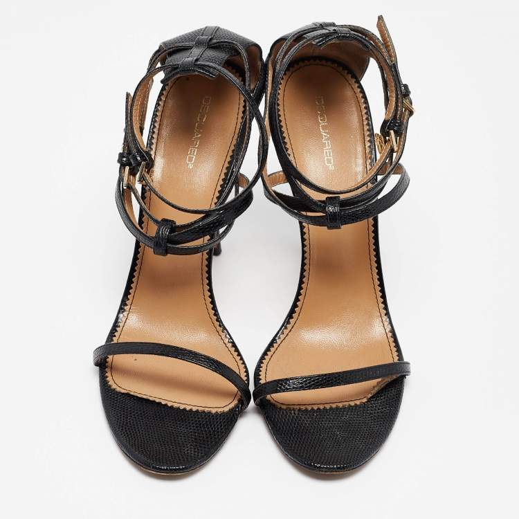 Pre Owned Dsquared2 Black Lizard Embossed Leather Ankle Strap Sandals Size 40