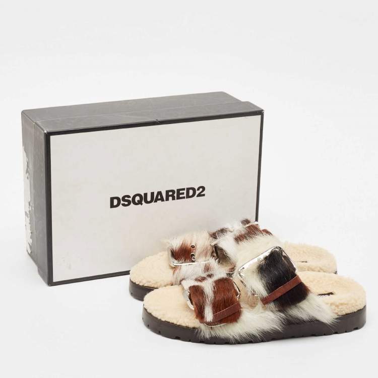 Pre Owned Dsquared2 Brown/Cream Calfhair Buckle Slide Flats Size 37