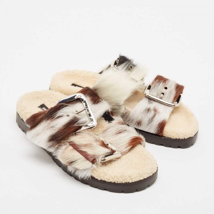 Pre Owned Dsquared2 Brown/Cream Calfhair Buckle Slide Flats Size 37