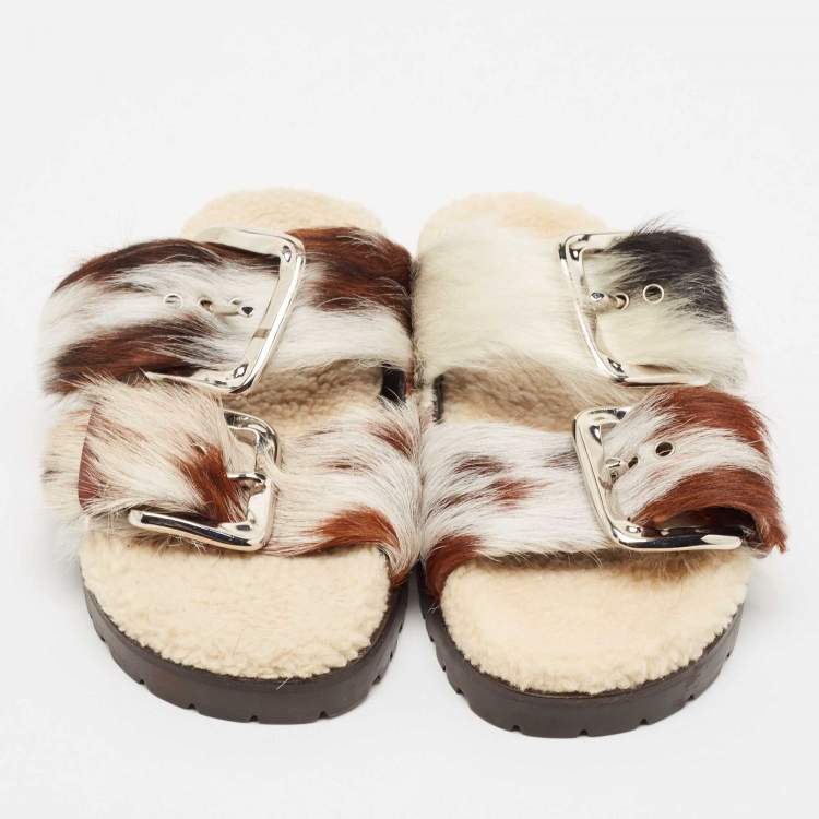 Pre Owned Dsquared2 Brown/Cream Calfhair Buckle Slide Flats Size 37