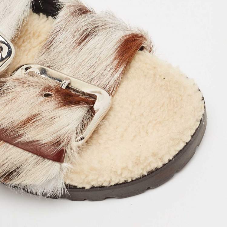Pre Owned Dsquared2 Brown/Cream Calfhair Buckle Slide Flats Size 37