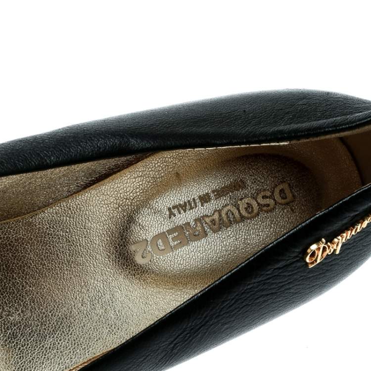 Pre Owned DSquared2 Black Leather Flower Detail Ballet Flats Size 37