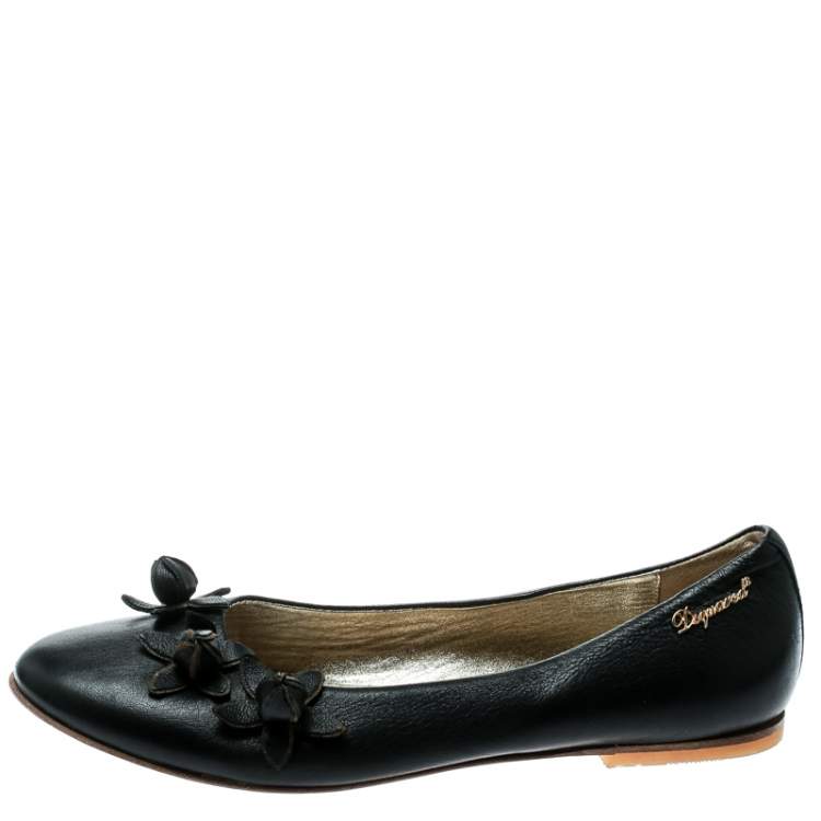 Pre Owned DSquared2 Black Leather Flower Detail Ballet Flats Size 37