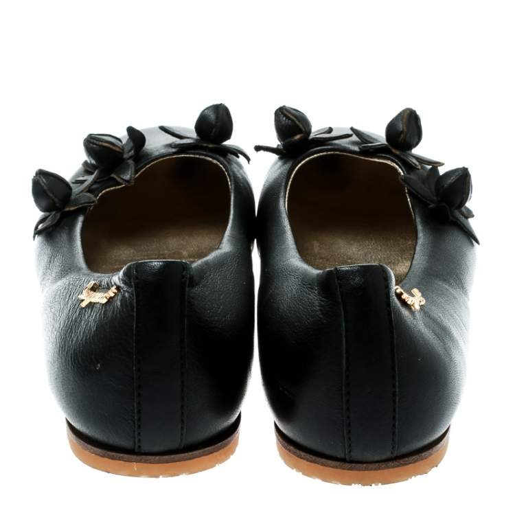 Pre Owned DSquared2 Black Leather Flower Detail Ballet Flats Size 37