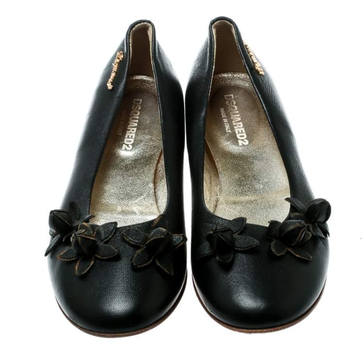 Pre Owned DSquared2 Black Leather Flower Detail Ballet Flats Size 37