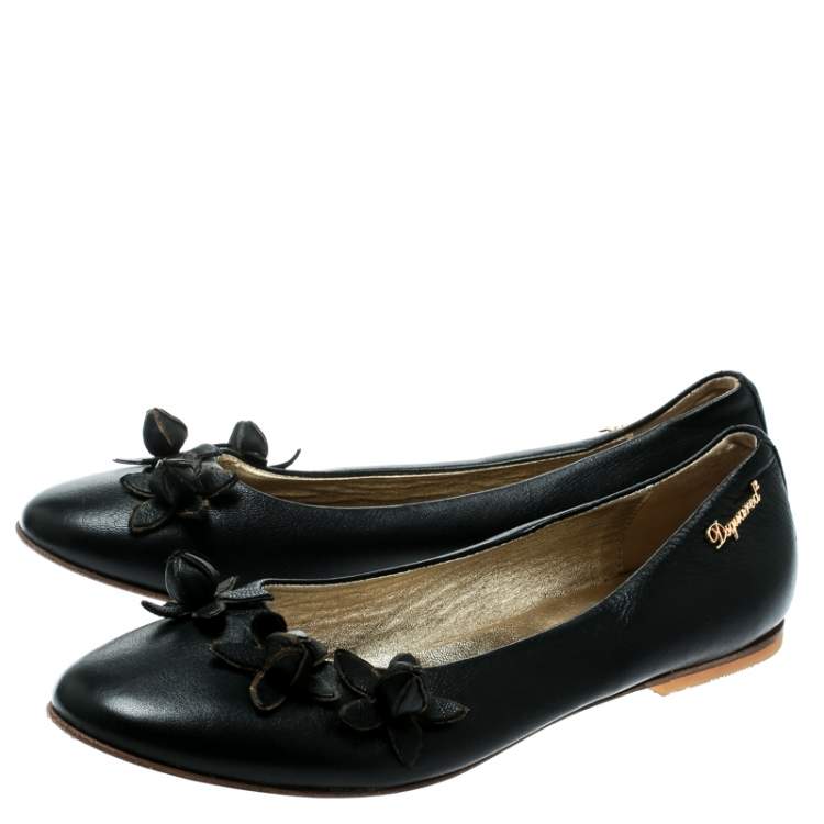 Pre Owned DSquared2 Black Leather Flower Detail Ballet Flats Size 37