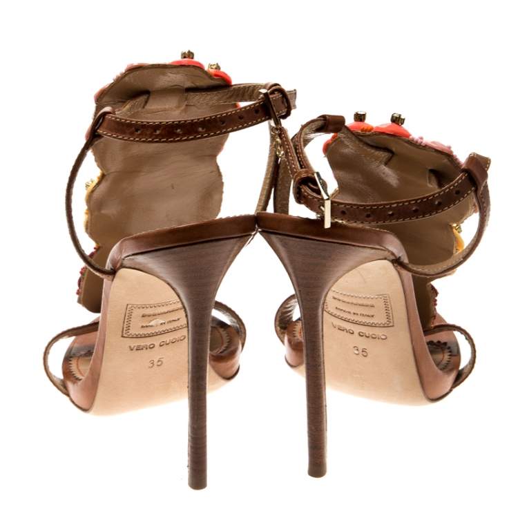 Pre Owned Dsquared2 Brown Leather Embellished Ankle Strap Sandals Size 35