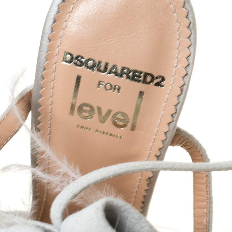 Pre Owned Dsquared2 Grey Suede and Ostrich Feather Ankle Strap Sandals Size 36