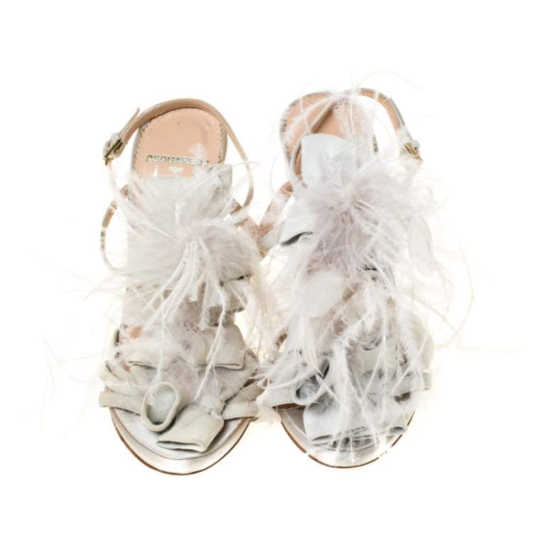 Pre Owned Dsquared2 Grey Suede and Ostrich Feather Ankle Strap Sandals Size 36